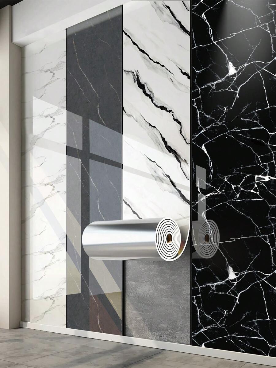 1 Roll 15.7in X 118in Black & White Marble Pattern PVC Wall Sticker, Thick Roll, Suitable For Living Room And Bathroom, Decorative Backsplash, Removable, Smooth Waterproof Grey Marble Wallpaper, Suitable For Rental And Home Decor