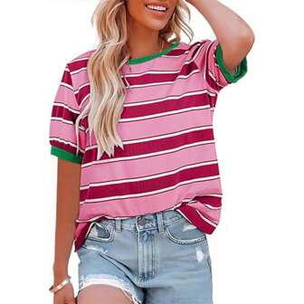 Women's Summer European And American New Striped Color Blocking Print Round Neck Short Sleeve T-Shirt