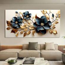 1 pieza Arte en lienzo sin marco - Diseño floral moderno azul y dorado, decoración de pared elegante para sala de estar y dormitorio, decoración de habitación