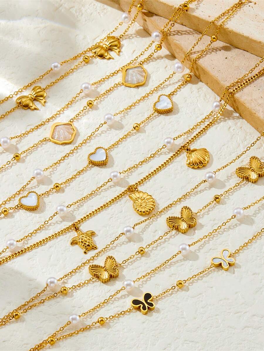 1 件多元素海洋生物贝壳海螺蝴蝶结吊坠不锈钢项链链脚链