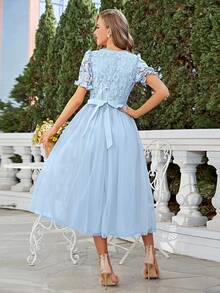 Simplee Women's Autumn Lace Contrast Mesh Romantic Elegant Long Dress, Suitable For Wedding, Party, Fairycore - Blue - View 4