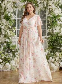 UNITHORSE Random Floral Print Plus Size Women Elegant V-Neck Ruffle Sleeve Detachable 3D Floral Decor Digital Print Chiffon Bridesmaid Dress, Birthday Dress, Graduation Dress, Formal Dress - Apricot - View 5