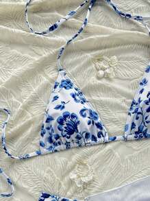 Swim Mod Summer Beach 3 Packs Drawstring Floral Print Bikini Set And Beach Skirt Concert Outfit Womenconcert  - Blue - View 2