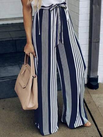 Spring/Summer New Arrival Casual Navy & White Striped Wide Leg Pants, High Waist Tie Bow Design, Draping Relaxed Fit Loose Long Trousers For Vacation & Commute