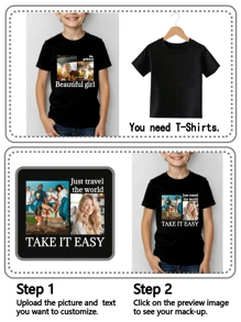 Customized Photo Print T-Shirt For Boys, Upload Your Family/Pet/Selfie/Friend Photos, Personalized Customized T-Shirts For Team/Outdoor/Class, Round Neck Short Sleeve Kids Tee In Black, Customized For Teenagers, Holidays, Birthdays, Anniversaries, Culture Shirts, Party Gifts, Summer Wear, Summer T-Shirts For Youth And Children