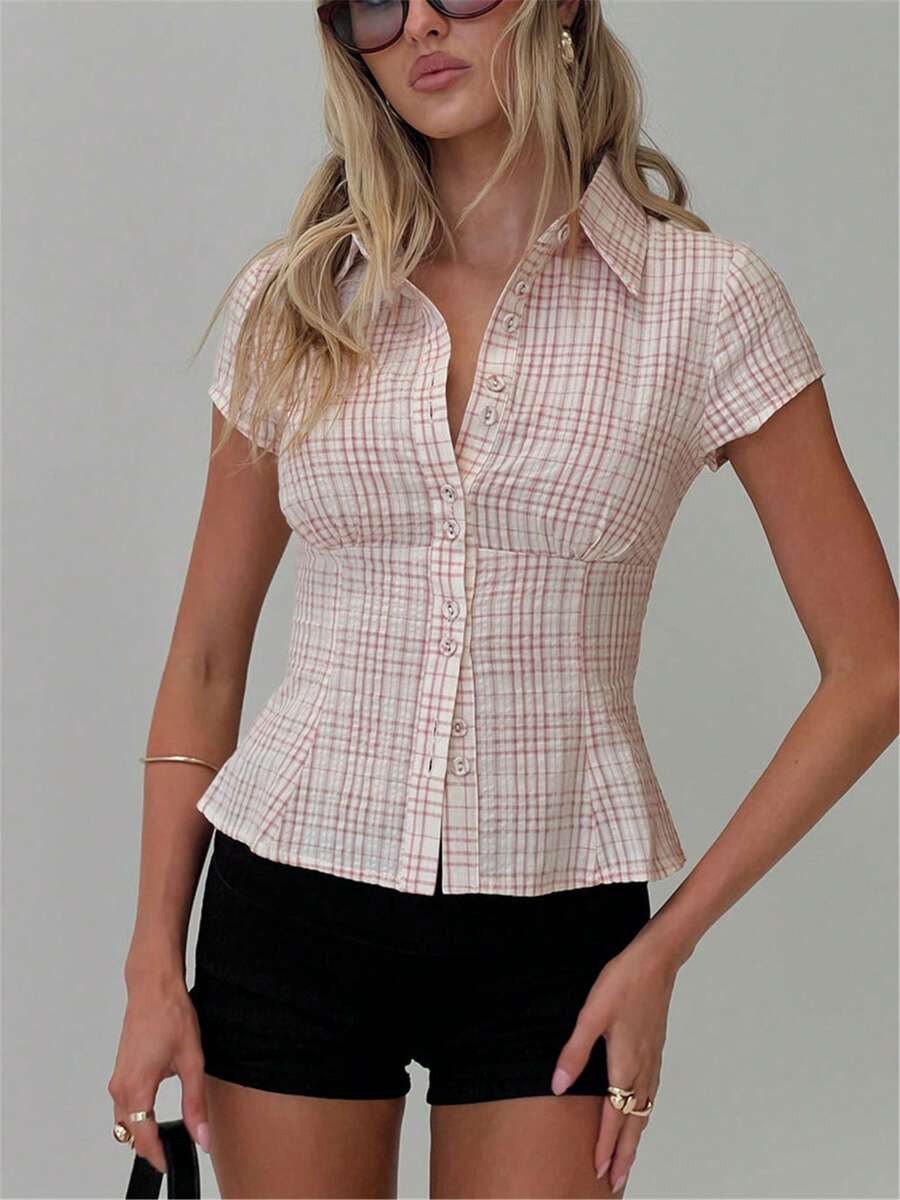 Women's Plaid Button Down Shirts Short Cap Sleeve Turn Down Collar Slim Fit Casual Summer Blouse Crop Tops - Hồng - Xem 1