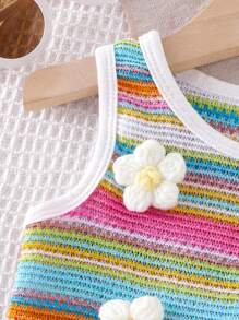 2 件装女婴夏季波西米亚风格多巴胺印花服装，彩虹条纹无袖荷叶边上衣和配套彩虹条纹荷叶边松紧腰短裤套装 - 彩色 - 查看 4