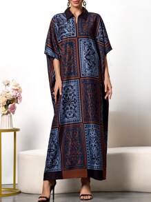 Women's Solid Contrast Print Elegant Long Robe Abaya, Modest Kaftan Arab Dress, Noble, For Spring Summer Fall Vacation - Multicolor - View 5