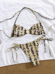 Summer Sexy Micro Bikini Set With Random Print Halter Beach Swimwear - Apricot - View 3