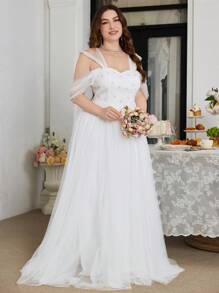 UNITHORSE Polyester Plus Size Women Material Sleeveless V-Neck Dress With Pearl Beading And Mesh Patchwork, White Wedding Dresses,Bride - White - View 8