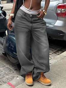 女士复古休闲宽松基本百搭街头多功能中腰口袋直筒牛仔裤 - 淺灰色 - 查看 2