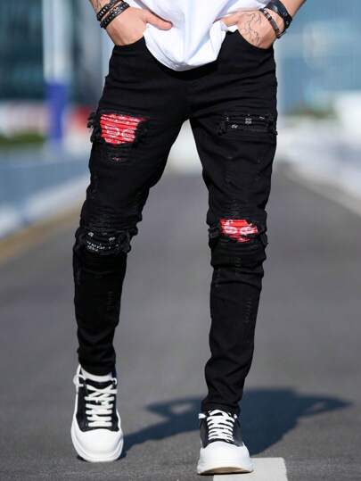 Heren Denim Skinny Fit Effen Kleur Ripped Distressed Jeans, Streetwear Stijl