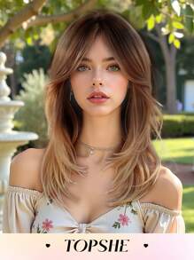 16 Zoll natürlicher Farbverlauf Schwarz Braun mittellanges lockiges Perücke aus hitzebeständiger Synthetikhaar Perücke mit Pony in Acht-Form für Frauen, für den täglichen Gebrauch, Partys, Muttertag, Musikfestivals