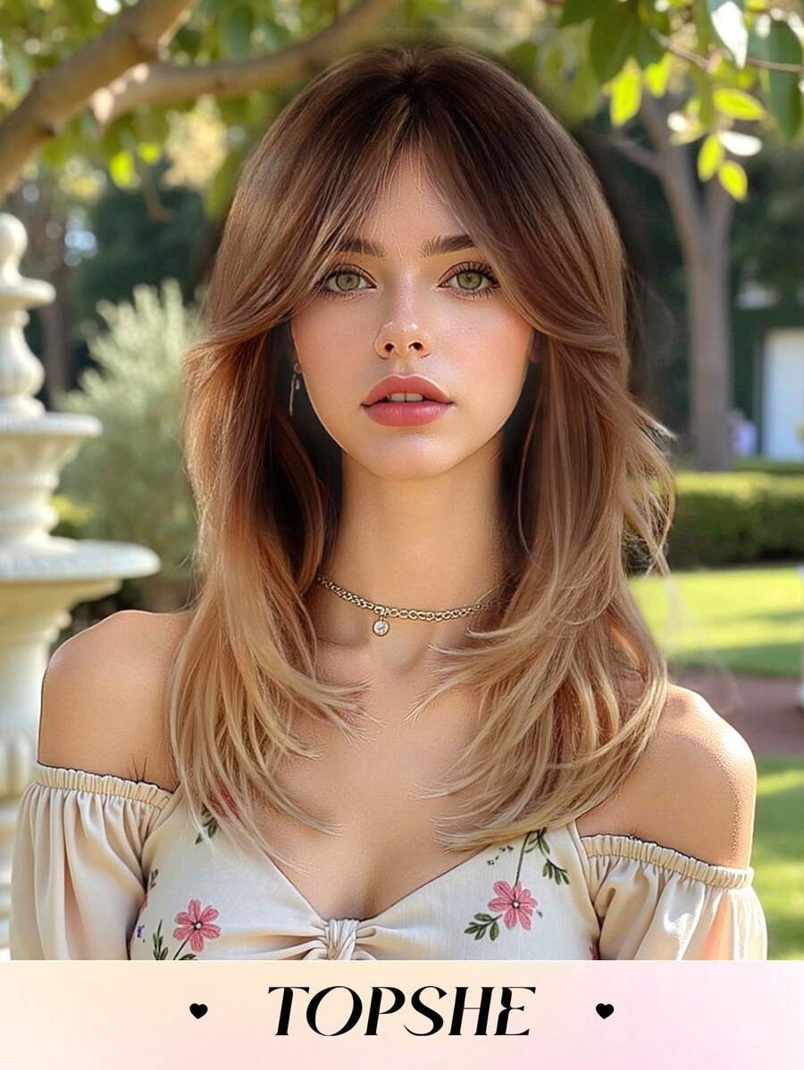 16 Zoll natürlicher Farbverlauf Schwarz Braun mittellanges lockiges Perücke aus hitzebeständiger Synthetikhaar Perücke mit Pony in Acht-Form für Frauen, für den täglichen Gebrauch, Partys, Muttertag, Musikfestivals