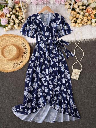 Women's Long V-Neck Cinched Waist Waist Asymmetrical Hem Slimming Fashion Print Dress