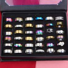 20 件/包经典简约不锈钢印花戒指，男女通用时尚混合款式手指首饰配饰（款式随机） - 20個男女混戒 - 查看 2