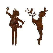 1 Stück Landhausstil Metallstatue im rustikalen Stil, Junge mit Vogel, Mädchen hält Blume, Paar hält Blumen Gartenpfahl, handgefertigte Eisenkunst Dekoration, geeignet als Geschenk zum Geburtstag, Erwärmung, Hochzeit, Muttertag, Thanksgiving, Garten- und Pflanzendekoration
