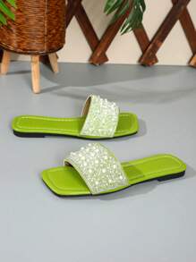Pearl & Rhinestone Decor Women Flat Slippers, Elegant Classical Wide Strap Sandals - Olive Green - View 7