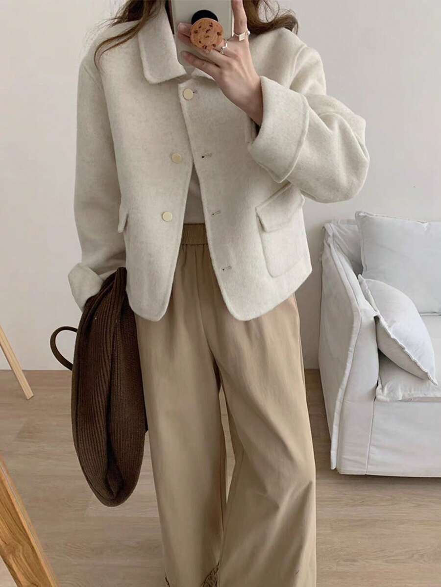 Women's Business Casual Double-Faced Wool Blazer, Solid Color Short Single-Breasted Jacket, Office To Evening Wear. - Beige - View 1