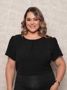 ONLYONE - WOMEN'S SHORT SLEEVE PRINCESS PLUS SIZE BLOUSE WITH LIGHT DUNES NECKLINE DETAIL - WOMEN'S BLOUSES - 黑色 - 查看 2