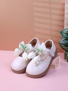 Nouvelles chaussures d'automne pour enfants, chaussures de princesse à semelle souple pour filles d'âge moyen, chaussures plates décontractées mignonnes avec nœud papillon & motif floral - Beige - Voir 4
