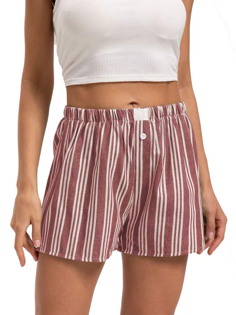 Yeeloon Women's Casual Elastic Pocket Striped Wide-Leg Shorts - Red - View 1
