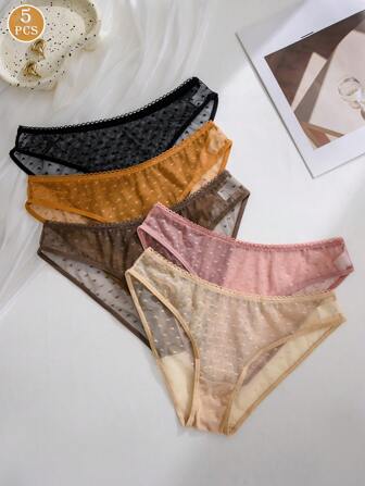 5 条装 女士心形提花纯色舒适中腰内裤