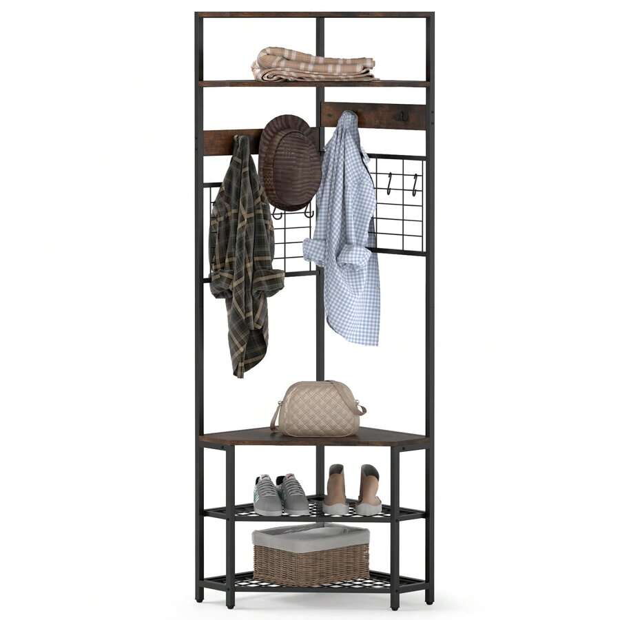 Corner Hall Tree Hallway 5-Tier Coat Rack With Shoe Storage Bench - Brown - View 1