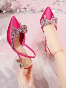 Sandales mules à nœud en cristal Automne/Hiver 2025 Femmes Sandales d'été à bout fermé Talons hauts Mode Sandales sans dos à bride à la cheville, Élégantes, Escarpins femme, Talons Kitten, Tenues de soirée, Talons pointus - Rose vif - Voir 4