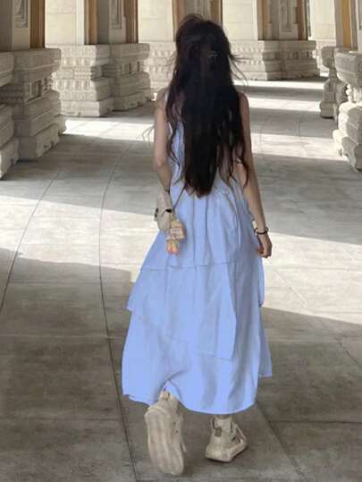  [Y6Y] 女士休闲纯色无袖吊带连衣裙，不对称荷叶边层叠喇叭下摆A字裙，夏季优雅款