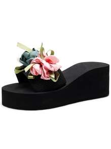 New Design Flower Decor Slide Sandals For Women, Summer Strap Chunky Heel Fashion Outdoor Slippers, Non-Slip Beach Vacation Sandals, House Slippers