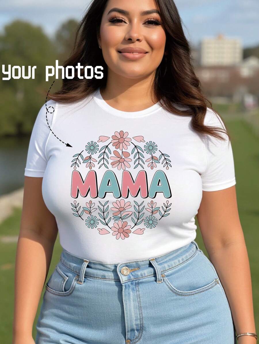Customized Plus Size Women's Spring/Summer Wear, Personalized With Friends/Couples/Pets/Siblings/Selfies/Family Photos, 2XL 3XL 4XL 5XL Sizes, Customized Plus Size T-Shirts, Customized Shirts, Anniversary Celebration Photo Customization, BBW Style Casual Short Sleeves, White Tops, Plus Size Casual Round Neck Short Sleeve T-Shirts, Casual Sports T-Shirts