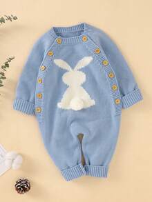 Infant Knitted Jumpsuit, Rabbit Pattern Round Neck Double-Breasted Overalls, 0-24 Months
