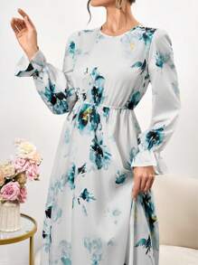 Women's Floral Print Long Sleeve Maxi Dress - Elegant Round Neck Dress With Mushroom Buttons & Flared Sleeves For Spring Summer,Elegant Long Sleeve Robe,Summer Dresses,Dresses Classy Elegant - Multicolor - View 5