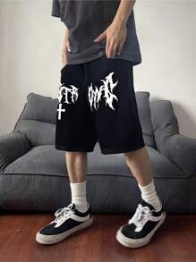 男士印花前扣口袋简约休闲牛仔短裤