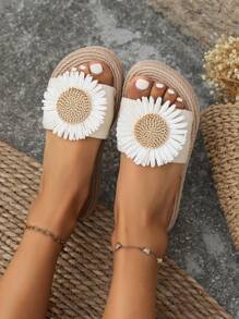 2025 New Women Summer Beach Slippers Indoor Home Flower Decor Flat Sandals