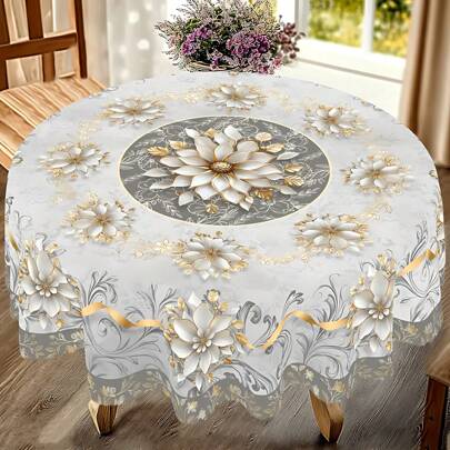 1pc Elegant White & Golden Floral Tablecloth, Vintage Silver Gray Luxury Style, Round & Rectangle Wear-Resistant Polyester Fabric, Suitable For Home Kitchen, Outdoor Garden, Holiday Party, Wedding, Restaurant And Banquet Decoration, Wedding Season Decor