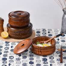 1pc Handmade Wooden Covered Serving Bowl - Suitable For Rice, Noodles And Soup - Ideal Kitchen And Dining Accessory
