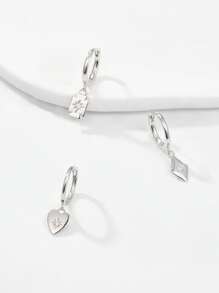 3pcs 925 Sterling Silver Earrings, Fashion Personalized Elegant Geometric Square Diamond-Shaped Heart Pendant Earrings, Suitable For Men And Women Daily Party To Wear Low Allergy Hoop Earrings, Perfect Birthday, Valentine's Day, Easter, Thanksgiving Jewelry Gifts