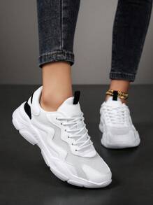 Women's Casual Sneakers, Spring & Autumn New Lace-Up Leather & Mesh Patchwork Low-Top Breathable Comfortable Lightweight Unisex Chunky Sneakers, Fashionable Streetwear Style Chunky Sole, Non-Slip Outdoor Casual Walking Travel Leisure Couple Shoes - White and Black - View 4