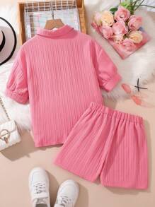 Left Mama Mädchen Lässig Sport Polokragen Shirt & Shorts Set, geeignet für Strand & Urlaub, Sommer