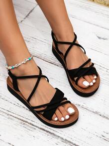 Stylish Women's Sandals, New Fashion Ladies Shoes, Beach Style Criss-Cross Strap Black Slides - Black - View 6