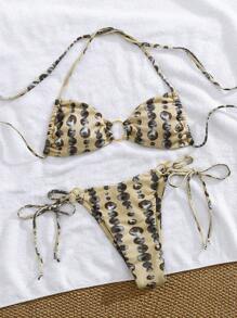 Summer Sexy Micro Bikini Set With Random Print Halter Beach Swimwear - Apricot - View 6