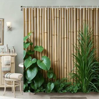 1pc Vertical Bamboo Fence Bathroom Curtain With Green Plants, Smooth Beige Bamboo With Rustic Heart Shaped Leaves And Grass, Peaceful Tropical Atmosphere, Polyester Shower Curtain With 12 Hooks, 70x70 Inches Home Bathroom Decor Summer Bathroom Accessories Back To School
