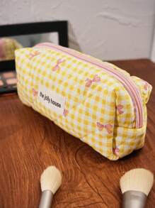 1 Stück gelbe karierte Schleife Kosmetiktasche, süße Blumen, modisch lässige Reise Kosmetiktasche, multifunktional, tragbare Kosmetiktasche, große Reißverschlussöffnung, geeignet für Kosmetika, Lippenstifte, Schmuck, Taschentücher, Damenbinden, auch als Geschenk für Frauen, Mädchen, Reisende, Geburtstage, Schlafsäle und Mädchen