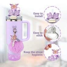 6Pcs Tumbler Cup Accessories Set - Butterfly Straw Topper Cover Cap, Bling Bow For Straw, Sparkly Silicone Boot, Letter Charm And Pompom For Water Bottle Cups Tumbler 40Oz 30Oz 20Oz, Back To School Supplies