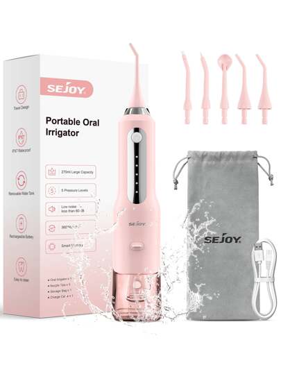 sejoy Fashion Portable Rechargeable USB Charging Electric Water Flosser Oral Irrigator Oral Irrigator Cordless Teeth Cleaner, 5 Pressure Levels&Low Noise&360° Rotation , IPX7 Waterproof, Smart Memory,270ml Removable Water Tank, For Home And Travel