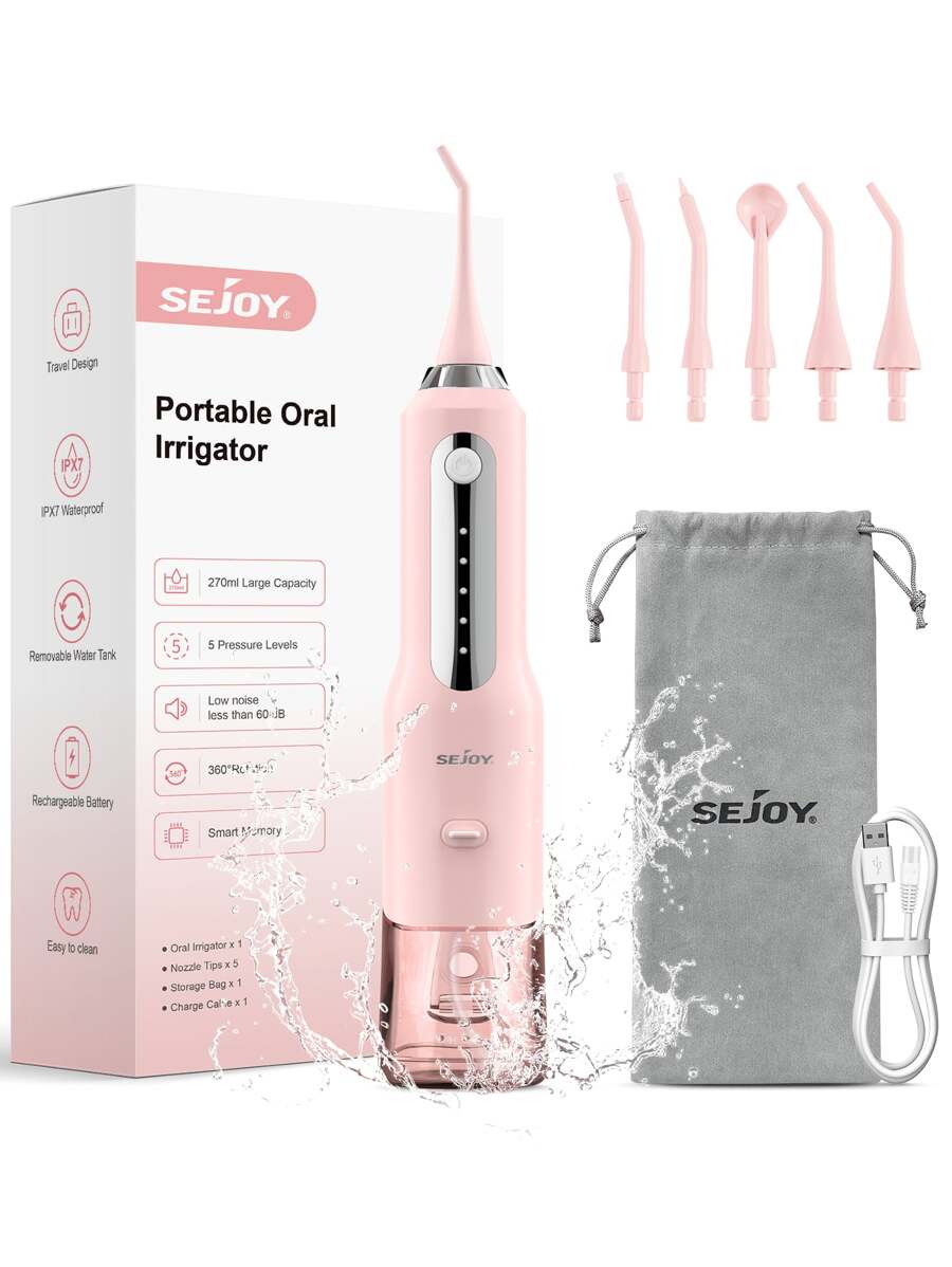 sejoy Fashion Portable Rechargeable USB Charging Electric Water Flosser Oral Irrigator Oral Irrigator Cordless Teeth Cleaner, 5 Pressure Levels&Low Noise&360° Rotation , IPX7 Waterproof, Smart Memory,270ml Removable Water Tank, For Home And Travel - 粉色 - 查看 1