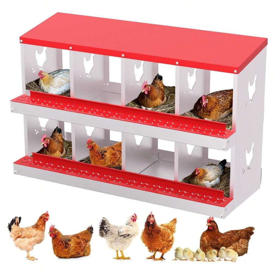 Metal Chicken Nesting Boxes, Heavy-Duty Galvanized Steel Egg Laying Box With 8 Compartments, Wall-Mountable Design For Poultry Coops, Without Stand - Red - View 1