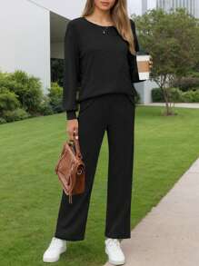 hoteel Casual Two Piece Outfits: Pullover Long Sleeves Knit Top + Loose Straight Pants With Pockets, Idea To Daily Wear, Woman Clothes - màu đen - Xem 2